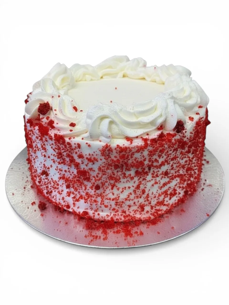 A Red Velvet eggless cake from Num Num's Bakery with an even, uncracked top, the result of consistent oven temperature and full baking time